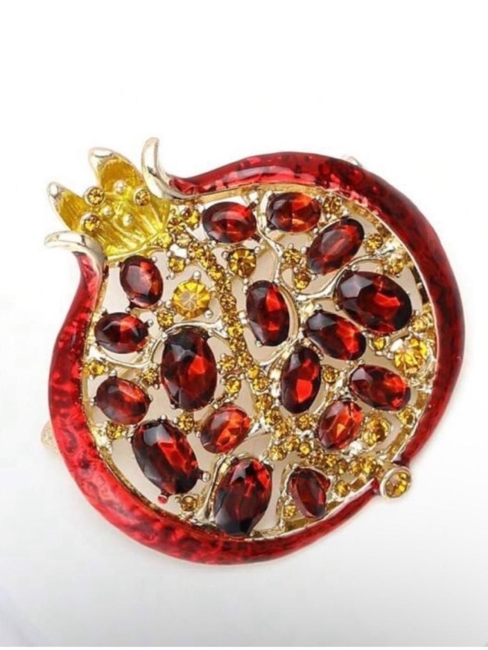 Whimsical Pomegranate Brooch Red Gold Rhinestone Pin - Picture 2 of 6